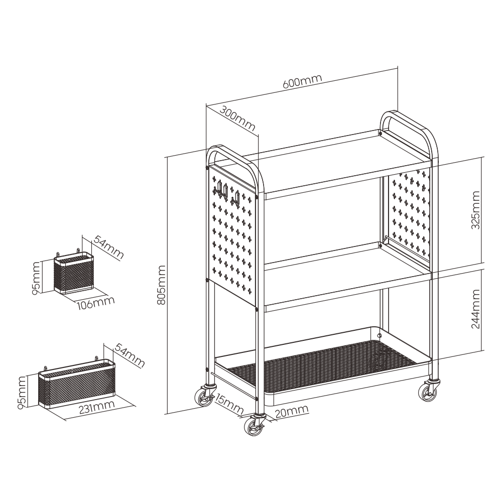3-Tier Black Steel Rolling Cart with Wheels