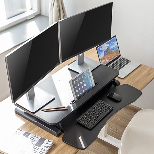Gas Spring Sit-Stand Desk Converter with Keyboard Tray Deck (Compact Particle Board Surface) DWS28-01 Low Profile with Ample Work Surface from china(chinese)