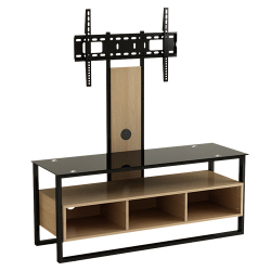 Modern Oak TV Stand Media Console with Glossy Glass Surface