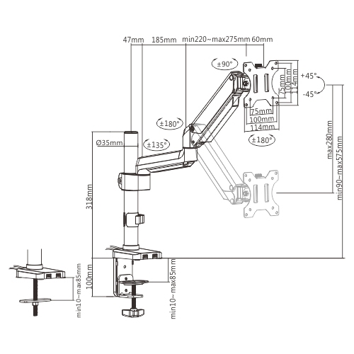 Premium Single Monitor Aluminum Pole Mounted Gas Spring Monitor Arm with USB Ports LDT26-C012UP Adjust and Position Your Monitor - Perfect for Smaller Desktop from china(chinese)