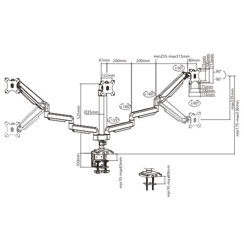 トリプルモニターパフォーマンスガススプリング式アルミニウムポールマウントモニターアーム LDT34-C036P ほとんどの17"-30"モニター用 from china(chinese)