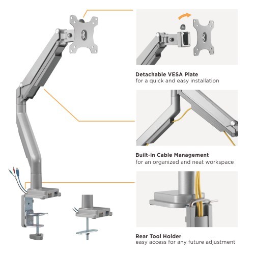 USB付きシングルモニターパフォーマンスガススプリング式アルミニウムモニターアーム LDT34-C012U ほとんどの17"-32"モニター用 from china(chinese)