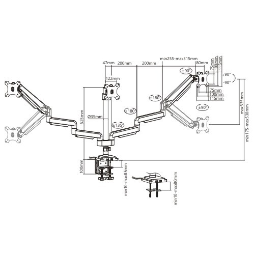 BRAZO PARA TRES MONITORES RENDIMIENTO RESORTE DE GAS ALUMINIO MONTAJE EN POSTE CON USB LDT34-C036UP Para la Mayoría de los Monitores de 17"-30" from china(chinese)