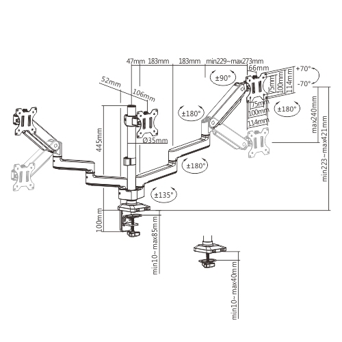 トリプルモニターポールマウントプレミアムアルミニウムスプリングアシストモニターアーム LDT53-C036P ほとんどの17"-27"モニター用 from china(chinese)