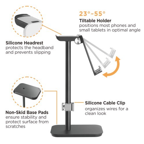 傾斜可能なスマホホルダー付きアルミニウムヘッドホンスタンド HPS01-3 より少ないスペースを取り、作業スペースを解放します from china(chinese)
