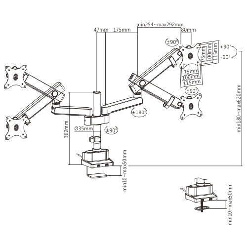 USBポート付きデュアルモニターアルミニウムスリムポールマウントスプリングアシストモニターアーム LDT20-C024UP ほとんどの17"-32"モニター用 from china(chinese)