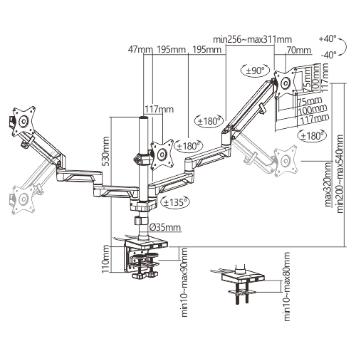 Triple Monitors Pole-Mounted Epic Gas Spring Aluminum Monitor Arm with USB LDT37-C036UP For Most 17"-27" Monitors from china(chinese)