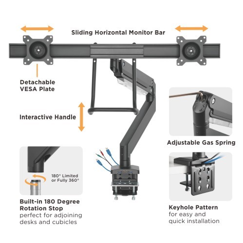 ハンドル付きデュアルモニターアルミニウムヘビーデューティーガススプリング式モニターアーム LDT23-C022U ほとんどの17"~32"モニター用 from china(chinese)