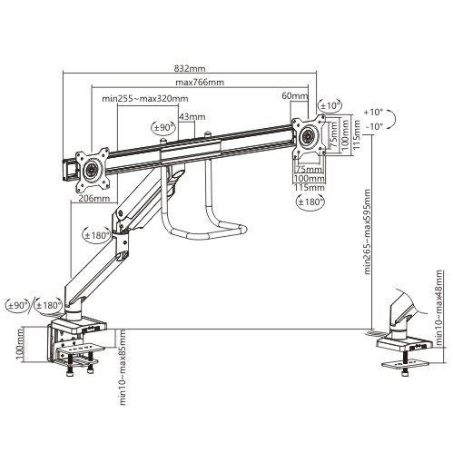 ハンドル付きデュアルモニターアルミニウムヘビーデューティーガススプリング式モニターアーム LDT23-C022U ほとんどの17"~32"モニター用 from china(chinese)