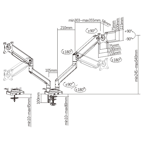 BRAZO ASISTIDO POR RESORTE PARA MONITOR DUAL DE SERVICIO PESADO CON PUERTOS USB LDT60-C024U Para la mayoría de los monitores de 17"~35" from china(chinese)