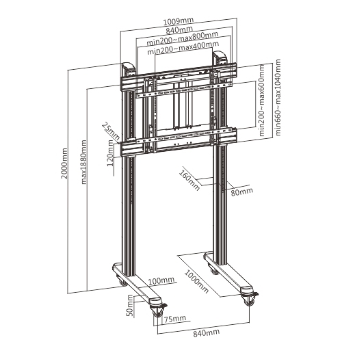 インタラクティブディスプレイ用高さ調節可能なカート TTF09H-90FW 70"-90"ディスプレイ用 from china(chinese)