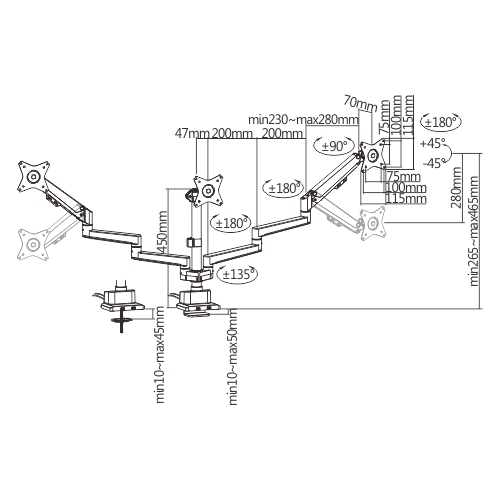 USBポート付きトリプルモニターポールマウント薄型ガススプリング式モニターアーム LDT62-C036UP ほとんどの17"~30"モニター用 from china(chinese)