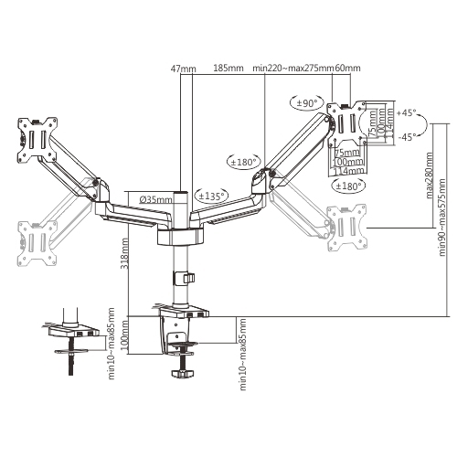 BRAZO PARA DOS MONITORES DE RESORTE DE GAS ALUMINIO MONTAJE EN POSTE PREMIUM CON PUERTOS USB LDT26-C024UP Ajustar y Posicionar Su Monitor - Perfecto para Ordenador más Pequeño from china(chinese)