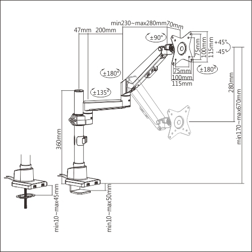 Single Monitor Pole-Mounted Thin Gas Spring Monitor Arm with USB Ports LDT62-C012UP For most 17"~32" Monitors from china(chinese)