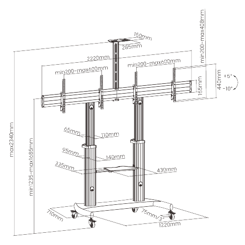 CARRO DE ALUMINIO AJUSTABLE EN ALTURA PARA TV PANTALLA DUAL CON ESTANTE MULTIMEDIA TTD07-46TW Para televisores de pantalla plana de 37"-60" from china(chinese)