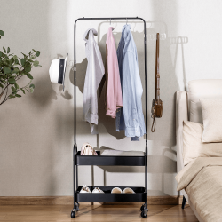 Mobile Clothing Rack with 2-Tier Shelving Bins