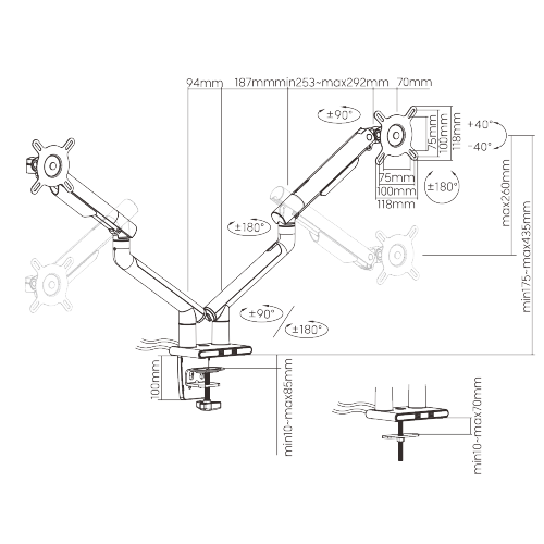 USBポート付きデュアルモニタープレミアムスリムアルミニウムスプリングアシストモニターアーム LDT49-C024U ほとんどの17"-32"モニター用 from china(chinese)