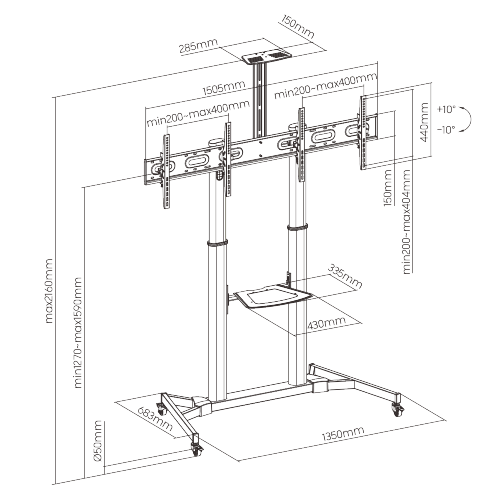 デュアルスクリーン用の伸縮式高さ調節可能なスチールテレビカート TTD03-44TW ほとんどの35"-45" LED/LCDフラットパネルテレビ用 from china(chinese)