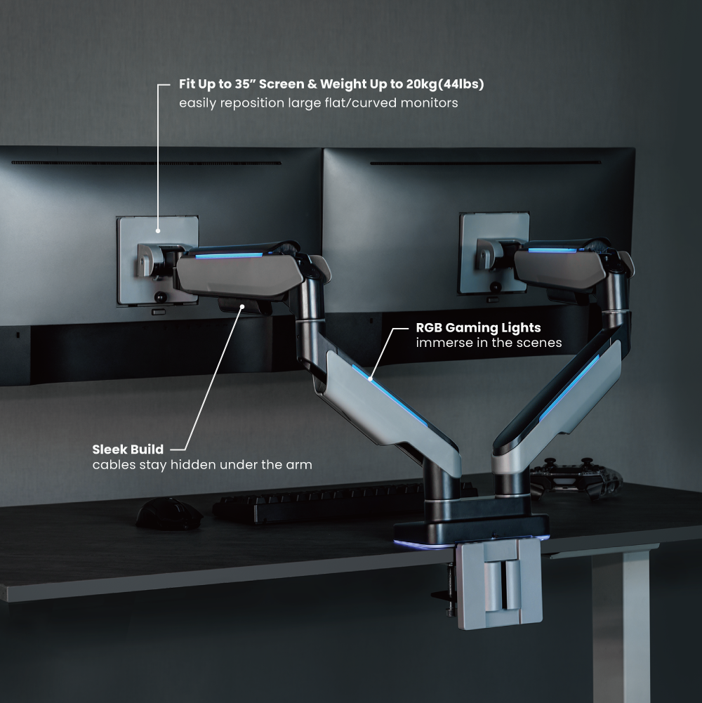 Heavy-Duty RGB Gaming Monitor Arm for Dual Monitors Supplier and  Manufacturer- LUMI
