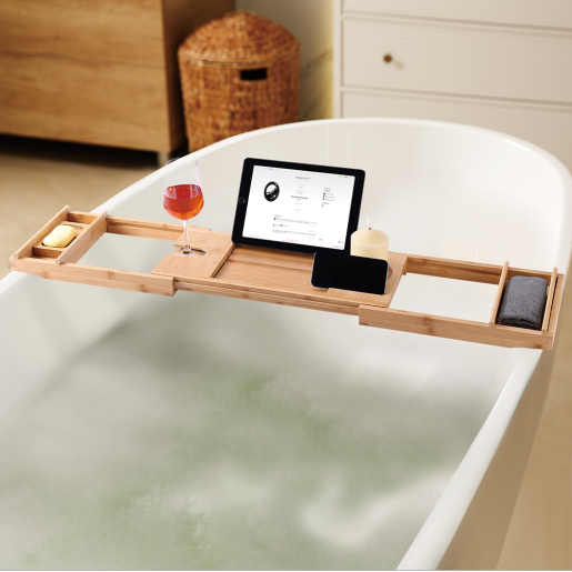Bamboo Bathtub Tray with Soap Dish and Fabric Tablet Holder