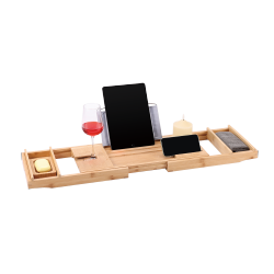 Bamboo Bathtub Tray with Soap Dish and Fabric Tablet Holder