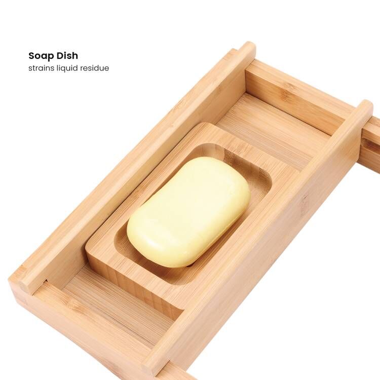 Bamboo Bathtub Tray with Soap Dish and Fabric Tablet Holder