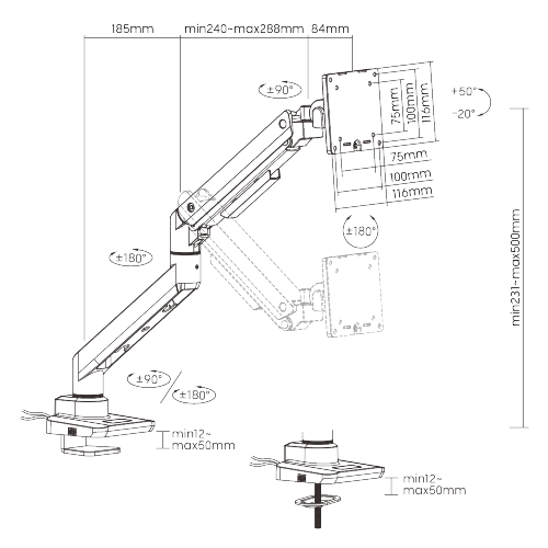 Fabulous Desk-Mounted Heavy-Duty Gas Spring Monitor Arm with USB-A/USB-C Ports LDT69-C012UC Supports monitors up to 49’’ or weights ups to 20kg (44lbs) from china(chinese)