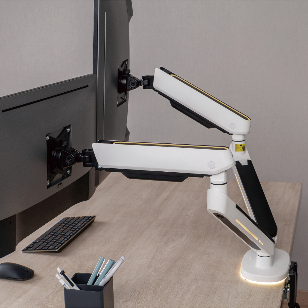 Heavy-Duty Spring-Assisted Monitor Arm with RGB Lighting Supplier and  Manufacturer- LUMI