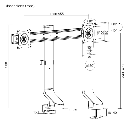 デュアルスクリーン昇降ワークステーション互換モニターアーム LDT21-C02 追加の240-470mm(9.4"-18.5")の高さ調整範囲 from china(chinese)