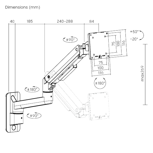 Fabulous Wall-Mounted Heavy-Duty Gas Spring Monitor Arm LDA69-1112 Supports monitors up to 49’’ or weights ups to 20kg (44lbs) from china(chinese)