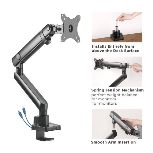 USBポート付きシングルモニターアルミニウムスリムスプリングアシストモニターアーム LDT20-C012U ほとんどの17"-32"モニター用 from china(chinese)