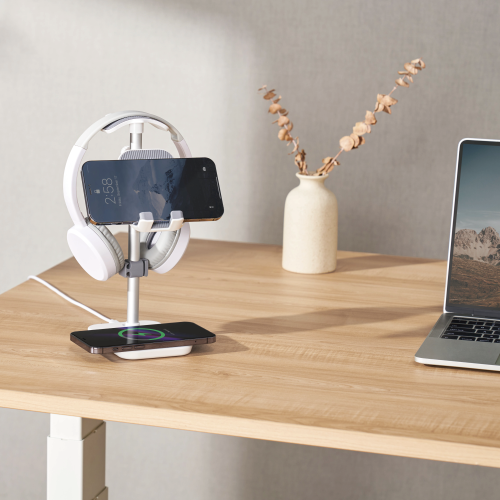 Aluminum Headphone Stand with Wireless Charger and Angle & Height Adjustable Phone Holder HPS01-3D Takes Up Less Room and Frees Up Work Space from china(chinese)