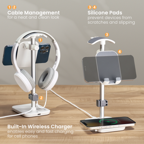 Aluminum Headphone Stand with Wireless Charger and Angle & Height Adjustable Phone Holder HPS01-3D Takes Up Less Room and Frees Up Work Space from china(chinese)