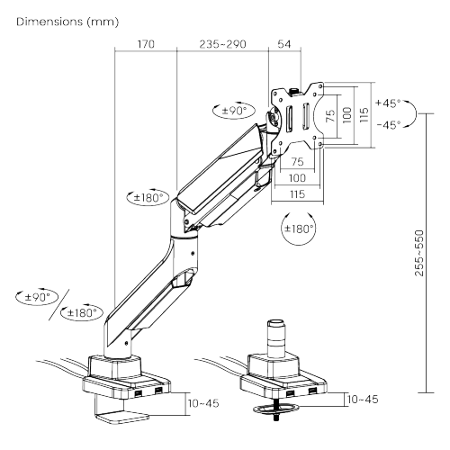 USB3.0ポート付きエコノミーヘビーデューティーシングルモニターガススプリング式モニターアーム LDT52-C012U ほとんどの17"-35"フラットパネルと曲面モニター用 from china(chinese)