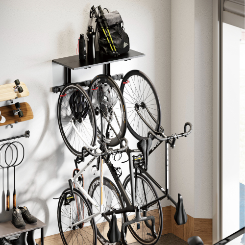 Catch-All Wall Mounted Bike Rack with Overhead Shelf for 3 Bikes LBM09-03S Organize bikes and equipment in one place. from china(chinese)