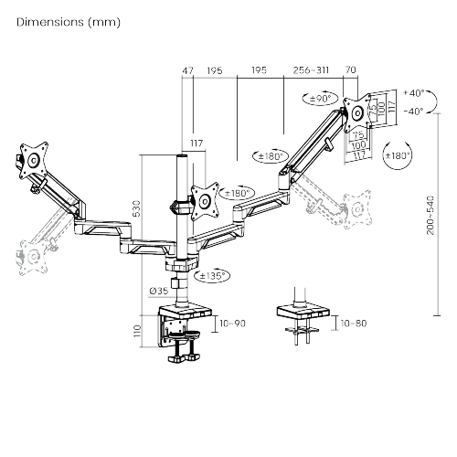 Triple Monitors Pole-Mounted Epic Gas Spring Aluminum Monitor Arm LDT37-C036P For Most 17"-27" Monitors from china(chinese)