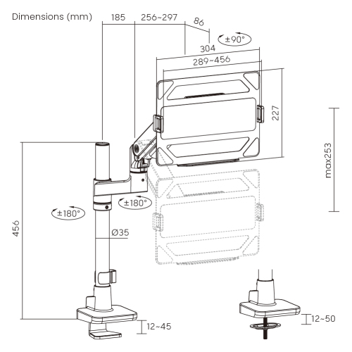 Pole-Mounted Heavy-Duty Gas Spring Monitor Arm with Laptop Holder LDT81-C012P-ML Work as a monitor arm or laptop holder from china(chinese)