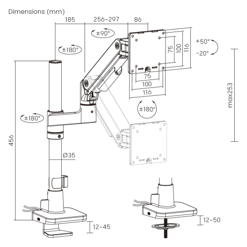Noteworthy Pole-Mounted Heavy-Duty Gas Spring Monitor Arm with USB-A/USB-C Ports LDT81-C012UCP Supports monitors up to 49’’ or weights ups to 20kg (44lbs) from china(chinese)
