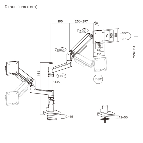 Noteworthy Pole-Mounted Heavy-Duty Gas Spring Dual Monitor Arm LDT81-C024P Supports monitors up to 49’’ or weights ups to 20kg (44lbs) from china(chinese)