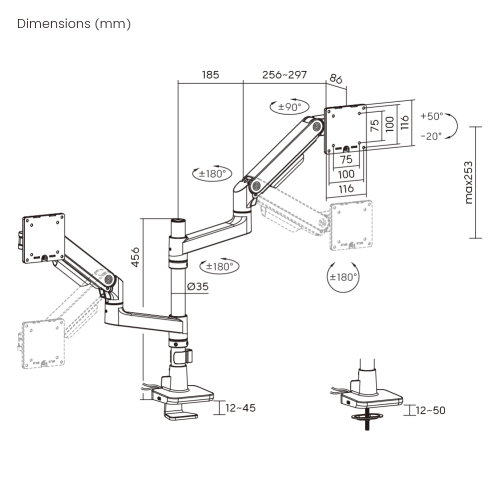 Noteworthy Pole-Mounted Heavy-Duty Gas Spring Dual Monitor Arm with USB-A/USB-C Ports LDT81-C024UCP Supports monitors up to 49’’ or weights ups to 20kg (44lbs) from china(chinese)