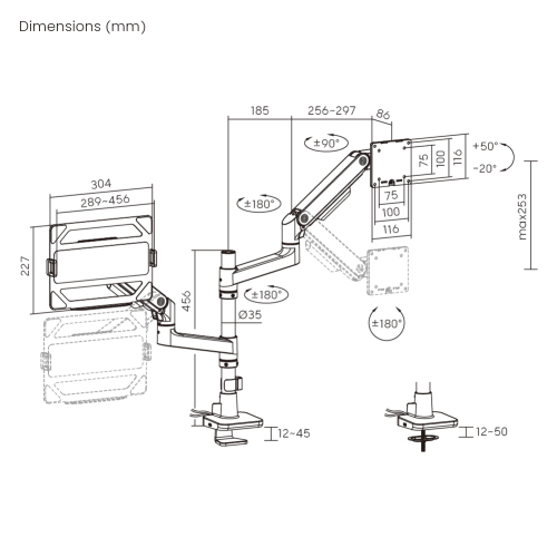 Noteworthy Pole-Mounted Heavy-Duty Gas Spring Dual Monitor Arm with Laptop Holder and USB-A/USB-C Ports LDT81-C024UCP-ML Supports monitors up to 49’’ or weights ups to 20kg (44lbs) from china(chinese)