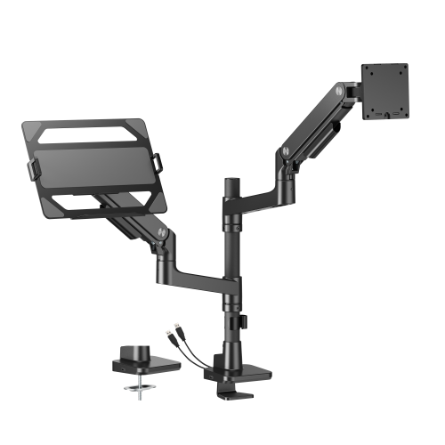 Noteworthy Pole-Mounted Heavy-Duty Gas Spring Dual Monitor Arm with Laptop Holder and USB-A/USB-C Ports LDT81-C024UCP-ML Supports monitors up to 49’’ or weights ups to 20kg (44lbs) from china(chinese)