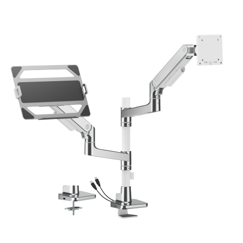 Noteworthy Pole-Mounted Heavy-Duty Gas Spring Dual Monitor Arm with Laptop Holder and USB-A/USB-C Ports LDT81-C024UCP-ML Supports monitors up to 49’’ or weights ups to 20kg (44lbs) from china(chinese)