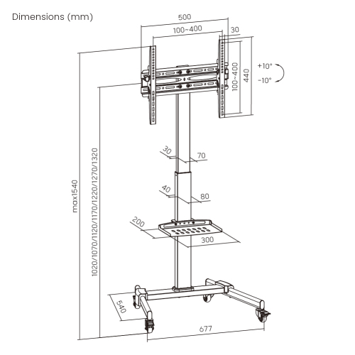 コンパクトな高さ調節可能なスチールテレビカート(1020-1320MM/40.2"~52") FS22-44TW 35kg/77lbsまでのほとんどの32"~55"テレビ用 from china(chinese)