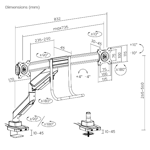 ハンドルとUSB3.0ポート付きエコノミーヘビーデューティーデュアルモニターガススプリング式モニターアーム LDT52-C022U ほとんどの17"-32"フラットパネルと曲面モニター用 from china(chinese)