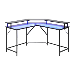 Corner-Shaped RGB Lighting Gaming Desk with Monitor Riser and Power Strip