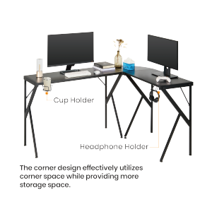  Corner-Shaped Gaming Desk with Headphone & Cup Holders