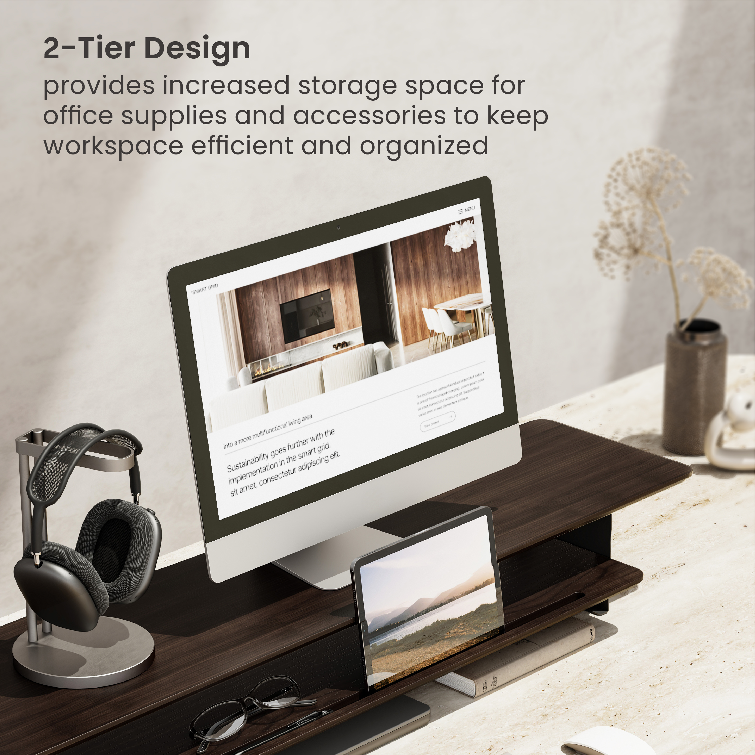 Solid Wood Monitor & Laptop Riser with Storage Shelves (Compact Surface ...