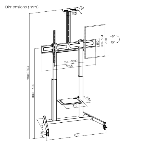 Telescope Height-Adjustable Steel TV Cart with Crank Handle TTL17H-610TW  For Most 60"-100" Displays from china(chinese)