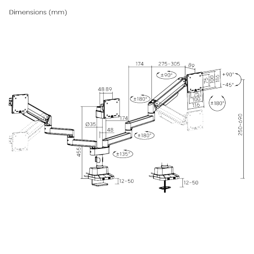 Deluxe Mechanical Spring Triple Monitor Arm with USB-A/USB-C Ports (Pole Mounted) LDT86-C036UCP Smooth adjustments, lasting performance. from china(chinese)